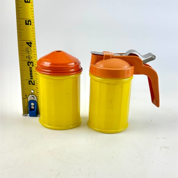 1970s Gemco Pantry Pops Cream or Syrup And Sugar Containers Yellow Orange Glass - Picture 10 of 11